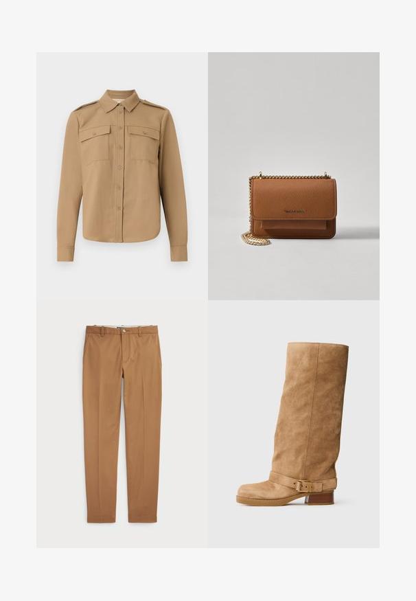 Smėlio spalvos marškiniai ilgomis rankovėmis su mygtukų uždarymu priekyje, dviem krūtinės kišenėmis, pečių epauletėmis ir kreiva apatine dalimi.; Rudos medvilnės kelnes su siauru siluetu, lygiu priekiu ir standartinėmis kišenėmis; sklandžios tekstūros ir apkarpytais rankogaliais.; Šviesiai rudos zomšinės pusilgis botas su žemu supresuotu kulnu, apvaliu nosiu ir reguliuojama juosta su auksine sagtimi aplink čiurną.; Ruda tekstūruota odinė per petį nešama rankinė su auksiniu grandininiu dirželiu ir užlenkiamo užsegimo. Priekinėje pusėje yra logotipo detalė ir kišenė po užlenkimu.