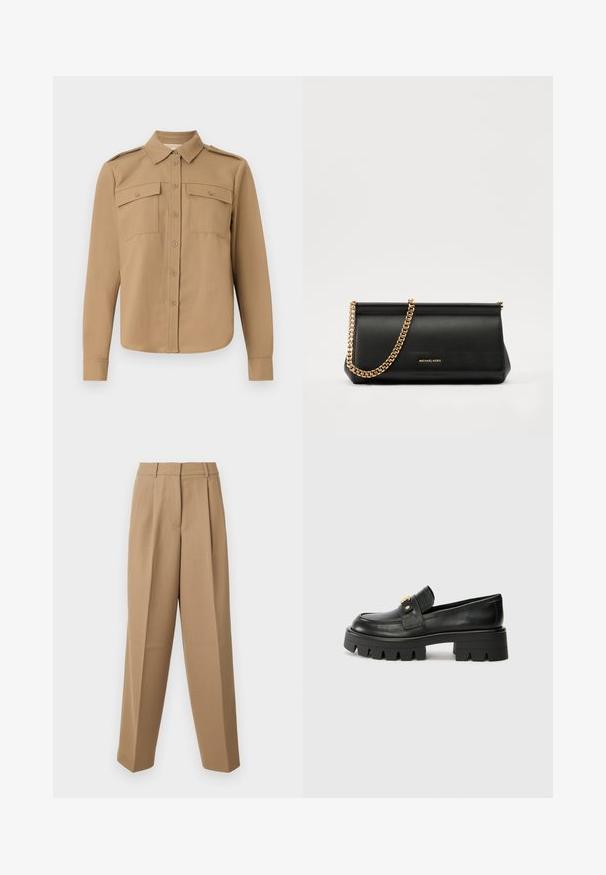 Camicia a maniche lunghe in tessuto beige con abbottonatura frontale, due tasche sul petto, spalline sulle spalle e orlo curvo.; Pantaloni beige su misura con vita alta, fronte plissettato e taglio a gamba larga. Il tessuto appare morbido con una leggera lucentezza.; Mocassini in pelle nera con suola spessa, caratterizzati da un accento dorato nella parte anteriore e una finitura liscia. Design della suola con profilo spesso.; Clutch bag in pelle nera con tracolla in catena dorata, caratterizzato da una superficie liscia, forma rettangolare e branding in rilievo sul davanti.