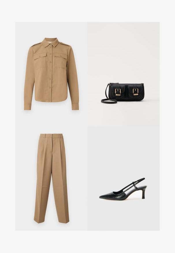 Küljest laia varrukaga särk tan värvi kangast, millel on nööbid ees, kaks rinna taskut, õlgade epauletid ja kaarduv hem.; Beige ülihästi istuvad püksid kõrge vöökohtaga, kortsunud esiosas ja laia säärega lõikega. Kanga pind näeb välja sile ja kerge läikega.; Mustmust paelad, millel on terav varvas, tekstuuriga maduprindiga, reguleeritav rihm ja lühike tekstuuriga plokknina.; Must küllastamata nahast õlakott, millel on kaks esist nähtavat taskut, kuldsed pandlad, tõmblukuga sulgemine ja peen rihm. Tekstuuriga pind ja kompaktne ristkülikukujuline kuju.