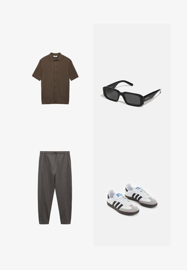 Polo shirt marrone a maniche corte in tessuto a coste, con colletto, chiusura a bottoni e orlo dritto con una sottile texture.; Pantaloni da jogging grigi realizzati in tessuto morbido, dotati di elastico in vita, tasche laterali e un design a gamba affusolata.; Scarpe sportive con tomaia in pelle bianca, punta in suede grigia e tre strisce nere. Presentano un logo blu sulla linguetta e una suola in gomma testurizzata.; Arnette THEKIDD UNISEX - Occhiali da sole - black