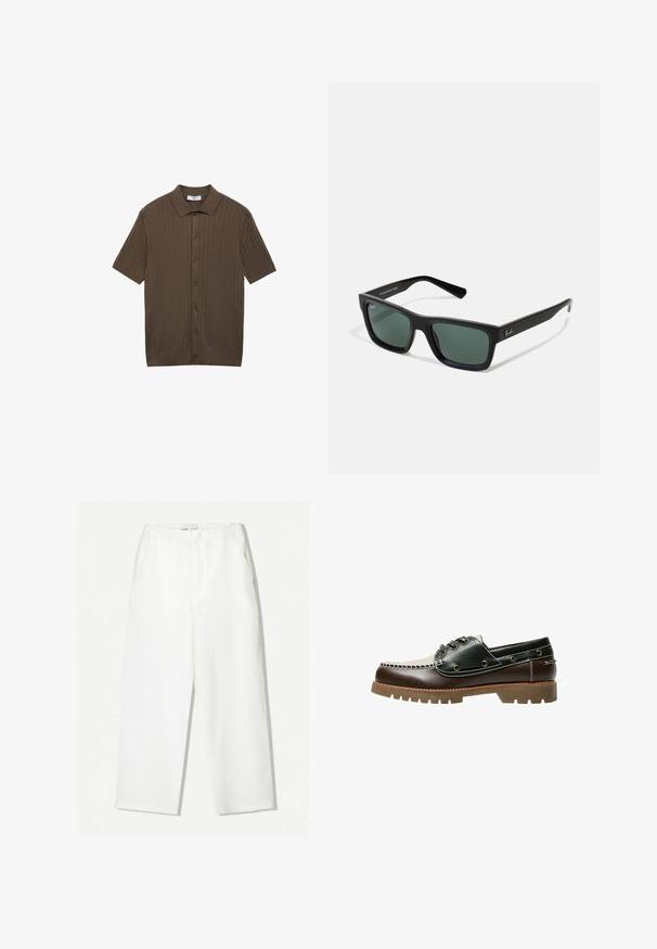 Rjava kratko sleeved polo majica iz ribanega blaga, ki ima ovratnik, gumbasto sprednjo stran in ravno obrobo z diskretnim teksturiranjem.; Naravne hlače ravnega kroja iz teksturirane bele tkanine. Značilnosti vključujejo pas, dva stranska žepa in ohlapen kroj.; Rjave in zelene usnjene čolnarske čevlje s belim šivom, okroglicami in teksturirano gumijasto podplatko. Trajna izdelava z kovinskimi očesi.; Črne pravokotne sončne očala z zelenimi lečami, z mat površino, ravnimi nosilci in logotipom Ray-Ban na strani.