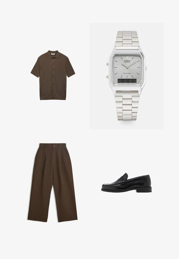 Hnedé polo tričko s krátkym rukávom z rebrovanej tkaniny, s golierom, predným zapínaním na gombíky a priamym lemom s jemnou textúrou.; Hnedé plisované nohavice s širokým strihom, vybavené zapínaním na gombík a bočnými vreckami, vyrobené z textúrovaného materiálu vhodného na neformálne nosenie.; Čierne kožené loafers s hladkým povrchom, prešívané detaily na špičke a nízky dizajn podpätku pre pohodlie a štýl.; Strieborné quartz hodinky Casio s obdĺžnikovým ciferníkom, analógovým a digitálnym zobrazením, nerezovým remienkom a vodoodolnými vlastnosťami.