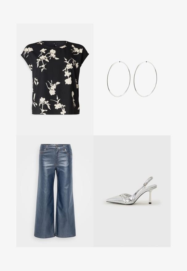Vero Moda Curve VMNEWHALLIE NEW - Potiskana majica - black/paya; Svetlo modri široki jeans hlače z gladko teksturo, petimi žepi in kontrastnim šivanjem. Sprednje zapiranje na gumb in zadrgo.; Srebrna slingback visoka peta čevlja s špičastim nosom, metalnim finišem, dvema dekorativnima trakama in tanko peto z črnim vrhom.; Srebrne obročaste uhane z gladkim, okroglim dizajnom in poliranim zaključkom. So tanke in lahke, z enostavnim zapiranjem na sponko.