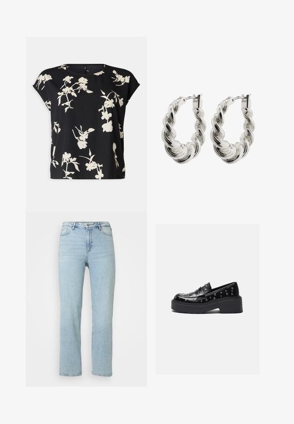 Vero Moda Curve VMNEWHALLIE NEW - Camiseta estampada - black/paya; Jeans de mezclilla rectos en azul claro con cierre frontal de botones y cremallera, trabillas para cinturón y diseño clásico de cinco bolsillos.; Mocasines de piel negra con remaches plateados, que cuentan con una suela de plataforma gruesa y una correa ancha en el empeine. Textura suave, forma redondeada.; Pendientes de aro de plata retorcida con un acabado brillante, que presentan una textura trenzada y un cierre de gancho seguro.