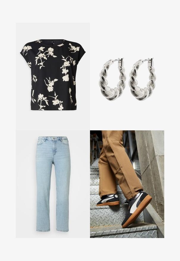 Vero Moda Curve VMNEWHALLIE NEW - Potiskana majica - black/paya; Svijetloplave traperice ravnog kroja s prednjim zatvaranjem na dugme i patentni zatvarač, petljama za pojas i klasičnim dizajnom s pet džepova.; Črne in sivo semiš superge z belimi detajli in gumijastimi podplati, obute na svetlo rjave hlače med vzpenjanjem po kovinskih stopnicah.; Zavojne srebrne obroče u obliki uhani s sijočo površino, ki imajo pleteno teksturo in zanesljivo zapiranje.