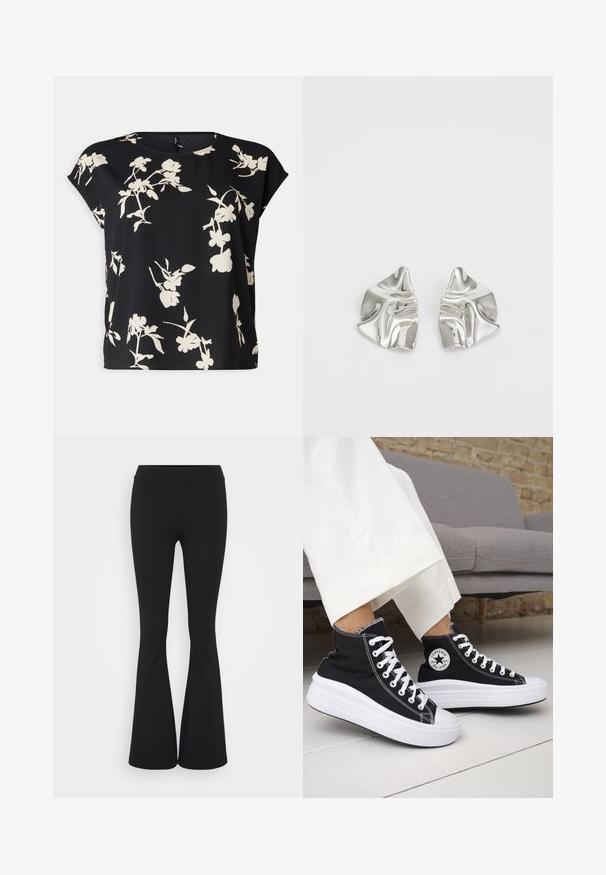 Vero Moda Curve VMNEWHALLIE NEW - Print T-shirt - black/paya; Black flared pants made of stretchy fabric, featuring a high waistband and a smooth texture. The pants flare out from the knee.; Black high-top sneakers with white rubber soles and laces. Features a round logo patch and contrasting white stitching. Canvas material.; Silver metal earrings with a wavy, sculptural design featuring a polished finish and irregular shapes, highlighting a contemporary aesthetic.