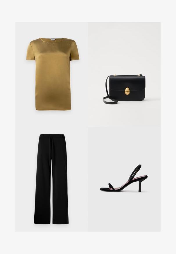 Kortärmad topp i olivgrön satin, med rundad halsringning och en slät yta. Enkelt design med rak skärning och inga utsmyckningar.; Breda svarta byxor i mjukt tyg, med resårmidja, slät textur och utan synliga fickor eller mönster.; Svart mocka högklackad sandal för kvinnor med smala remmar och ett guldspänne på vit bakgrund, sidosyn.; Svart läderhandväska med en strukturerad rektangulär form. Har ett gyllene ovalt lås och ett tunt axelband. Slät textur.
