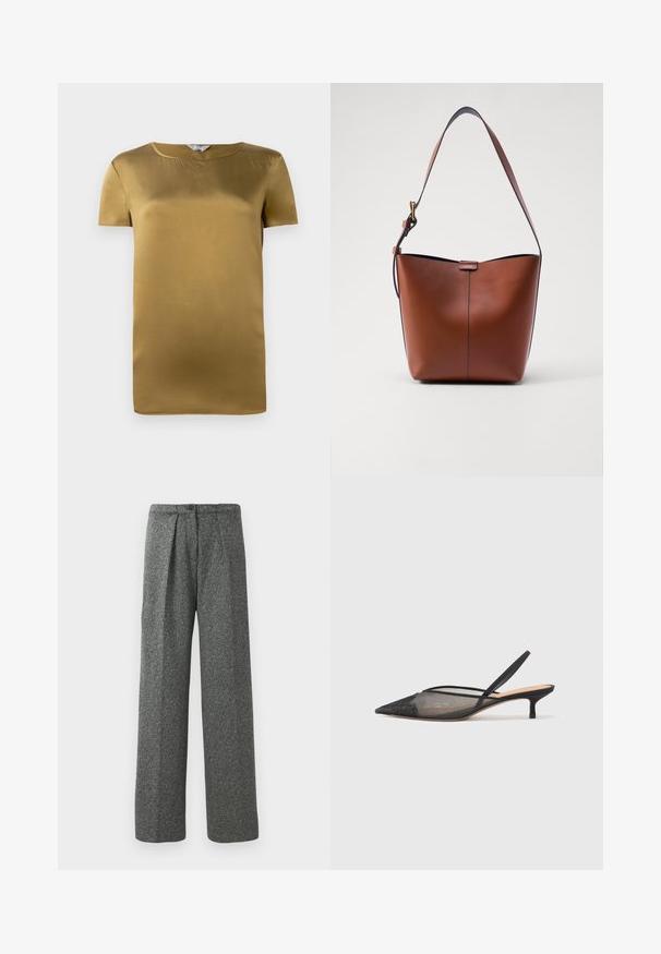 Krátky rukáv top v olivovozelenej saténovej farbe, s okrúhlym výstrihom a hladkou textúrou. Jednoduchý dizajn so strihom bez ozdôb.; Šedé vysoké nohavice s širokými nohavicami, predným prešívaním, zapínaním na gombík a štruktúrovaným povrchom látky.; NEOUS IRENA - Klasické lodičky na opätku - black; Hnedá kožená taška cez rameno s zakriveným tvarom, hladkou textúrou a jedným tenkým popruhom. Obsahuje jemný šev a malý logo detail.