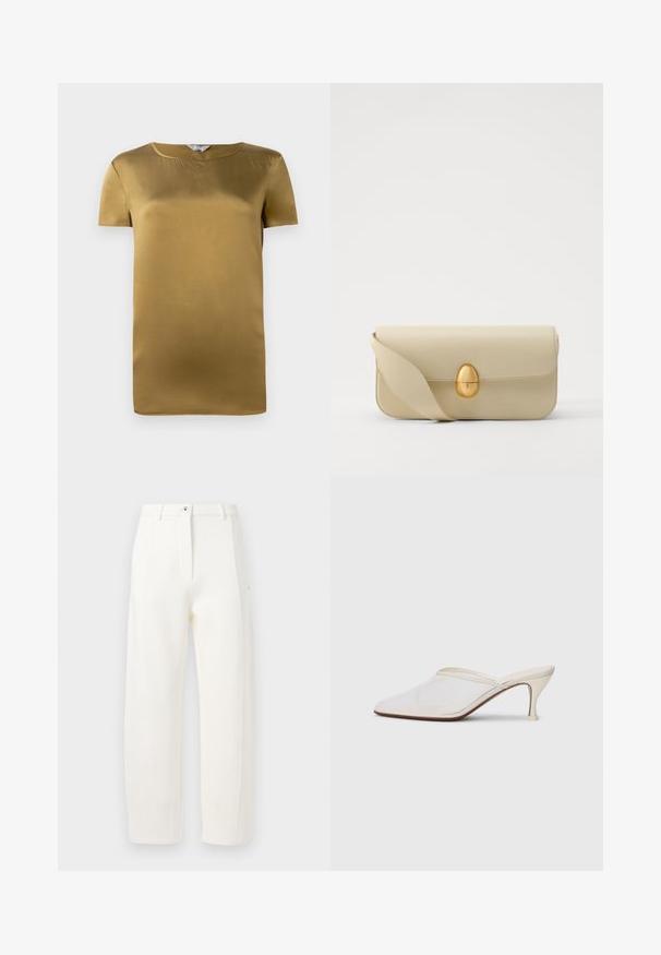 Olívazöld szatén rövidujjú felső, kerek nyakkivágással és sima textúrával. Egyszerű tervezés, egyenes szabás, díszítések nélkül.; Fehér, egyenes szabású, elöl hajtott, cipzáras és gombos záródású nadrág, oldalsó zsebekkel. Simaságával és matt felületével kiemelkedő anyag.; Fehér hálós, hegyes orrú mules cipő, vékony, középmagas sarkával és slip-on kialakításával, egyszerű háttér előtt.; Beige bőrtáska sima textúrával, téglalap alakban, arany ovális zárral. Hosszú, állítható pánttal rendelkezik.