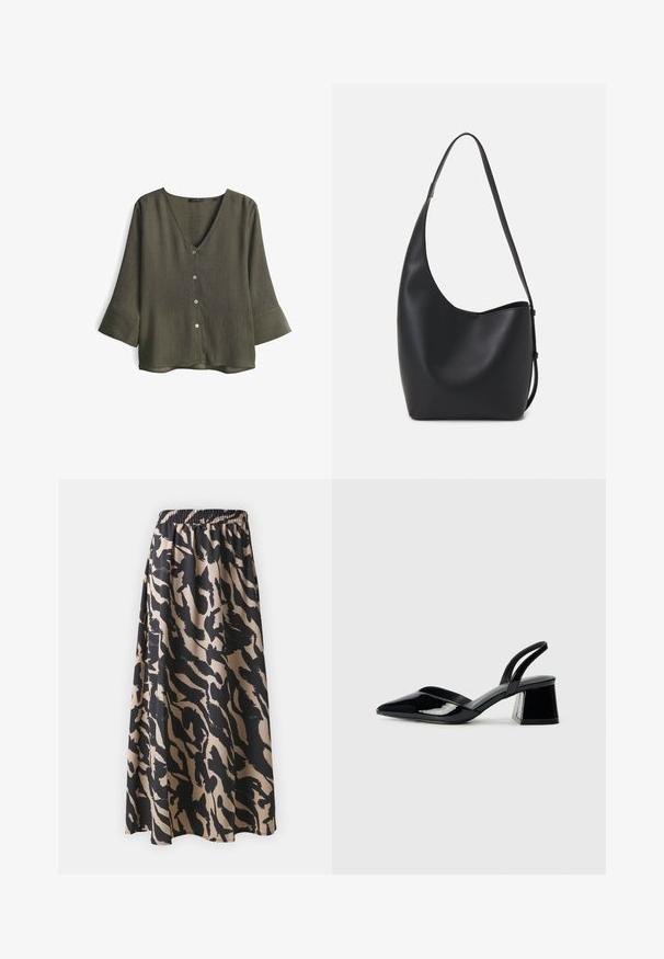 Blusa verde oliva a V, realizzata in tessuto strutturato, con tre bottoni davanti e maniche tre quarti con ampie polsini.; Gonna lunga nera e beige con fascia elastica in vita, caratterizzata da un motivo di stampa animale astratta e una silhouette fluida.; Décolleté in vernice nera con punta affusolata e tacco in geometria cubica. Presentano un design elegante e minimalista, con una texture liscia.; Borsa hobo nera in pelle con una superficie liscia, forma curvata e una singola tracolla regolabile; presenta un'ampia apertura nella parte superiore.