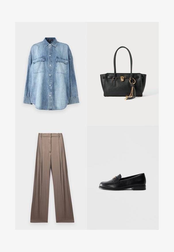 Camisa de mezclilla azul claro con cuello puntiagudo, botones delanteros y dos bolsillos en el pecho. Presenta mangas largas y un corte relajado.; Camiseta corta blanca de algodón, con mangas cortas y el logotipo "MICHAEL KORS" bordado en texto a juego en el pecho.; Pantalones de pierna ancha en un color topo suave, fabricados en un tejido liso con un acabado satinado. Presentan una cintura ajustada y pliegues sutiles.; Mocasín de cuero negro con tacón bajo y emblema decorativo dorado en la correa, exhibido sobre un fondo gris claro liso.; Bolso de cuero negro con doble asa, cierre dorado y detalles en cadena, y accesorio de borlas en blanco y negro, sobre fondo blanco.