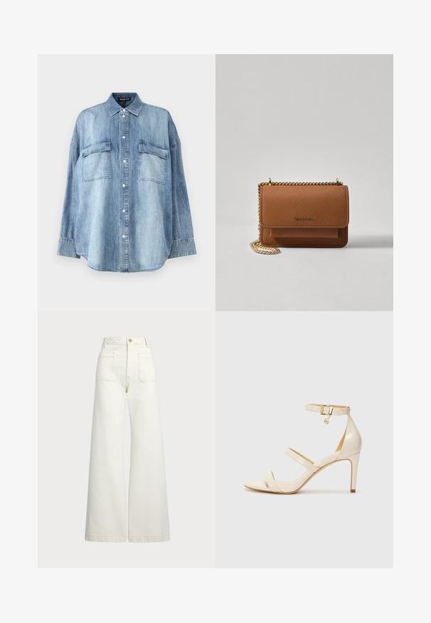 Svetlomodrá džínová košeľa s ostrým golierom, prednými gombíkmi a dvoma náprsními vreckami. Má dlhé rukávy a voľný strih.; Džínsy s širšími nohavicami v off-white denim. Vysoký pás s gombíkovým zapínaním, dve predné vrecká a kontrastné švy.; Béžové sandále na vysokom podpätku s tenkým remienkom okolo členka a dvoma hornými remienkami. Lesklý lakovaný povrch a zlaté kovové detaily na remienku okolo členka.; Hnedá textúrovaná kožená taška cez telo s zlatým reťazovým popruhom a preklopným uzáverom. Predná strana obsahuje detail s logom a vrecko pod preklopkou.