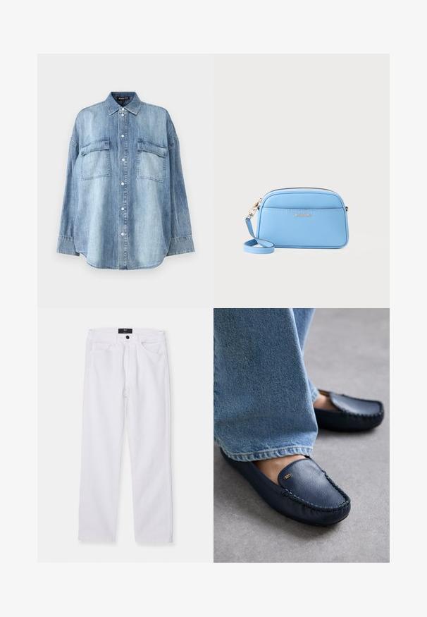 Šviesiai mėlyna džinsinė marškiniai su smailiu apykakle, priekiniais mygtukais ir dviem krūtinės kišenėmis. Turi ilgus rankovėmis ir laisvą siluetą.; Balti džinsai su tiesiu kirpimu, penkių kišenių dizainu ir priekiniais mygtukais. Ypatybė - lygus tekstūros paviršius ir matoma siuvimo dygsniai.; MICHAEL Michael Kors EVE - Mokasinai - navy; Šviesiai mėlyna odinė per Petį nešama rankinė su auksinės spalvos detalėmis, užtrauktuko uždarymu ir priekinėmis kišenėmis. Yra reguliuojama dirželis patogumui.