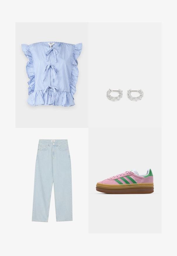 Stripet blå og hvit bluse med volangermarmer, frontknuter og en samlet hem. Laget av lett stoff med en myk tekstur.; Lys blå vide jeans laget av denim, med middels høyde på livet, fem lommer og en knappelukking med en slank metalldetalj.; Rosa semskede sneakers med grønne striper, hvite detaljer og en brun gummisåle. Har teksturert stoff og logodetaljer på siden.; Sølv hoops øredobber med klare, rektangulære og trekantede krystaller arrangert i et mønsterdesign. Stifter for sikker feste.
