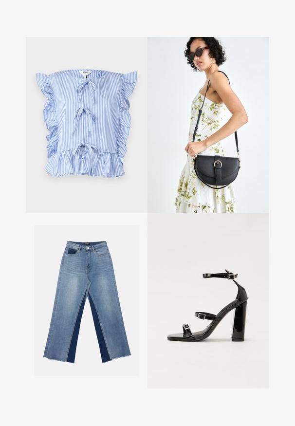 Bluză în dungi albă și albastră cu mâneci volan, legături în față și tiv strâns. Fabricată dintr-un material ușor, cu o textură moale.; Jeans de culoare albastru deschis, cu picioare largi, care prezintă panouri contrastante de culoare albastru închis, margini tocite și o talie standard cu închidere printr-un buton metalic.; Sandale cu toc din patent negru, cu vârf pătrat, curele la gleznă și catarame din argint. Dispune de un toc gros pentru stabilitate.; Geantă din piele neagră, cu o formă curbată, curea detașabilă și accesorii aurii. Geanta are un capac cu un detaliu tip cataramă.