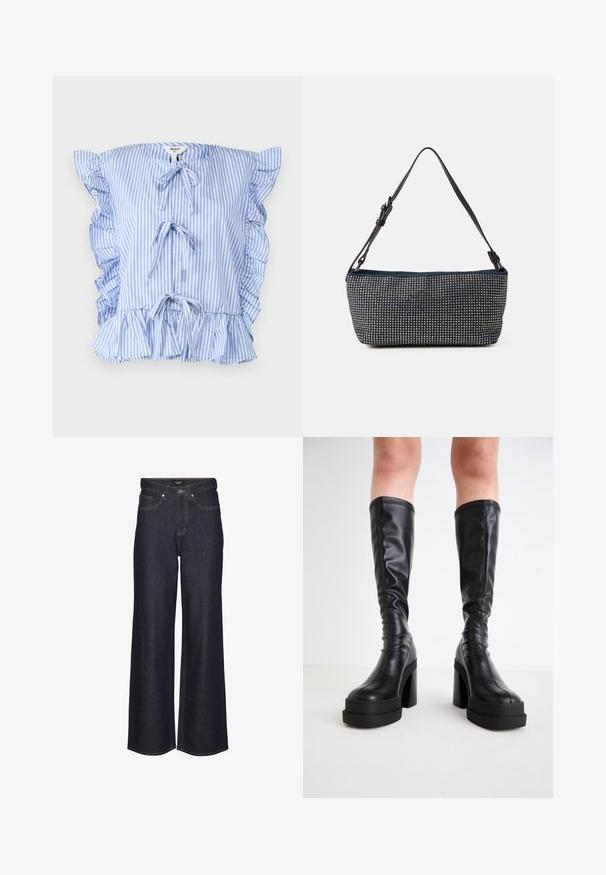 Dryžuota mėlyna ir balta bliuska su raukšlėtomis rankovėmis, priekyje surišama ir susiraukšlėjęs apatinis kraštas. Pagaminta iš lengvos medžiagos su minkšta tekstūra.; Juos į viršų pakelti plačios kojelės džinsai tamsaus denimo. Savybės: klasikiniai siūlai, penki kišeniai ir mygtukų uždarymas priekyje.; Juodos iki kelių aukštos botai, pagaminti iš lygaus odos, su storu platformos dugnu ir blokuotu kulnu, su siūlėmis palei kraštus.; Jūrų mėlynos spalvos audinio rankinė su tekstūriniu sidabro kaladėlių dizainu, turinti vieną reguliuojamą juodą diržą ir stačiakampį siluetą.