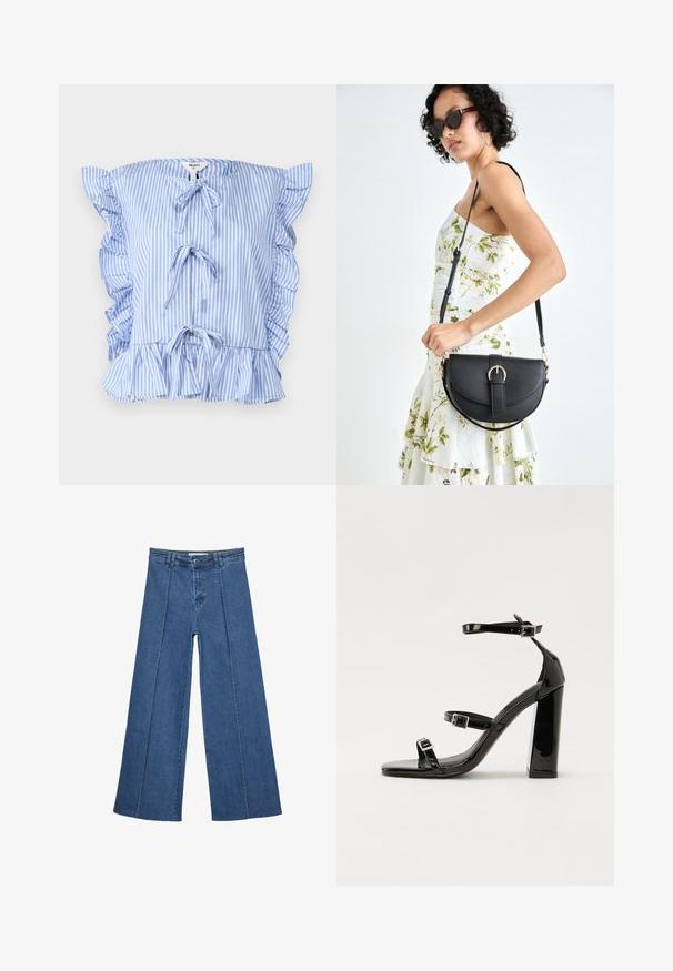 Blusa a righe blu e bianche con maniche a volant, legatura frontale e orlo arricciato. Realizzata in tessuto leggero con una consistenza morbida.; Jeans in denim a gamba larga di blu medio, con vita alta, chiusura con bottone e dettagli delle cuciture verticali a contrasto lungo la parte anteriore.; Sandali con tacco in vernice nera, con punta squadrata, cinturini alla caviglia e fibbie in argento. Presentano un tacco a blocco spesso per maggiore stabilità.; Borsa a tracolla nera in pelle con una forma curva, manico rimovibile e accessori dorati. La borsa presenta una patta con un dettaglio a fibbia.