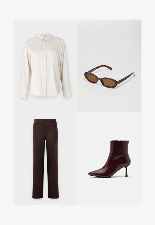 Camicia a maniche lunghe color beige chiaro realizzata in tessuto morbido. Presenta un colletto, chiusura frontale con bottoni e un fit rilassato con maniche con polsini.; Pantaloni in suede marrone scuro a gamba dritta con chiusura anteriore a bottone e zip, passanti per cintura e tasche laterali.; Stivale alla caviglia in pelle laccata bordeaux con punta affusolata e tacco stiletto sottile, caratterizzato da una texture liscia e lucida e da un design minimalista.; Occhiali da sole rotondi con tonalità marrone, montatura lucida color bordeaux. Aste sottili con un sottile dettaglio del marchio. Design delle lenti piatte.; Borsa intrecciata color bordeaux con forma arrotondata e manico singolo, dotata di una superficie testurizzata e chiusura a coulisse elastica.