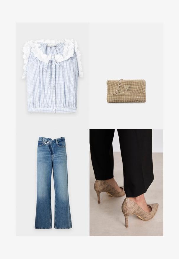 Blue and white gingham cropped blouse with a ruffled white lace collar, front buttons, and a drawstring tie at the neckline.; Light blue denim flared jeans with a high waist, featuring two buttons and front pockets. Fabric has a faded texture with subtle variations.; Beige high-heeled shoes with a textured fabric featuring a repeating pattern. Pointed toe design with a back accent and gold heel detail.; Gold handbag with an intricate beaded texture, triangular logo accent, and a metallic chain strap. Rectangular shape, sleek design.