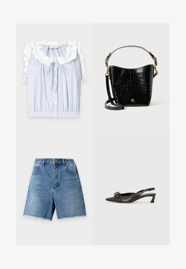 Cropped blouse a quadretti blu e bianchi con colletto in pizzo bianco arricciato, bottoni frontali e un laccio al collo.; Shorts in denim azzurro chiaro, con vita alta, chiusura con bottone, tasche frontali e orlo sfrangiato per un fit rilassato.; Scarpa slingback in pelle nera con punta affusolata, tacco basso e dettaglio decorativo a fibbia sulla parte superiore. Texture liscia, design minimalista.; Borsa in pelle nera con effetto coccodrillo, dalla forma curvata, con dettagli in metallo dorato, una tracolla regolabile e un logo sul davanti.