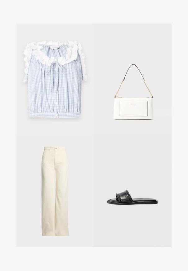 Sinine ja valge ruuduline lühikeste varrukatega pluus, millel on volangist valge pitsi krae, ees nupud ja köiepael kaela piirkonnas.; Polo Ralph Lauren COTTON CORDUROY WIDE-LEG PANT - Püksid - warm white; Mustmust nagu nahast sandaalid, millel on kootud rihm, lame tall, ja Nub kerge disain. Sile tekstuur ja minimalistlik profiil.; Valge nahast kott tekstureeritud viimistlusega, millel on kuldne kettling ja mustad aktsendid. Include eesmine tasku ja tõmblukk.