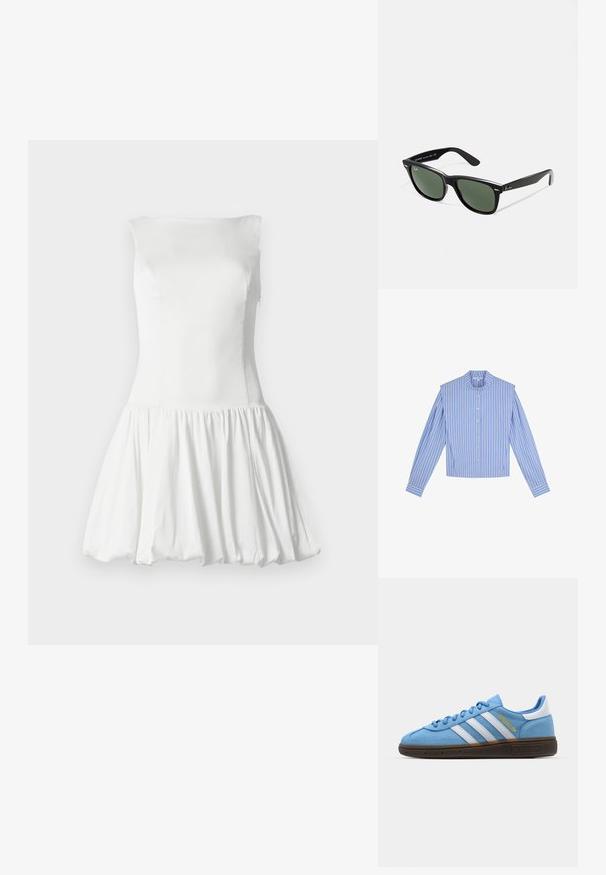 Blau- und weiß gestreiftes Langarmhemd mit Rundkragen, Knöpfen an der Front und strukturiertem Schulterdesign.; Weißes ärmelloses Kleid mit tailliertem Oberteil und gerafftem, schwingendem Rock. Glatte Textur mit sanftem Fall. Keine sichtbaren Muster oder Beschläge.; Helles blaues Wildleder-Sneaker mit weißen Lederstreifen, einer braunen strukturierten Sohle und goldenen Logodetails. Niedrig geschnittenes Design mit runder Zehenpartie.; Schwarze Plastiksonnenbrille mit grünen Gläsern, quadratischen Rahmen, silbernem Akzent auf der Augenbraue und strukturierten Bügeln. Angegebene Marke auf dem inneren Bügel.; Seidenschal mit einem farbenfrohen Blumen- und geometrischen Muster in Orange-, Blau-, Braun- und Cremetönen. Trianguläre Enden mit glatter Textur.