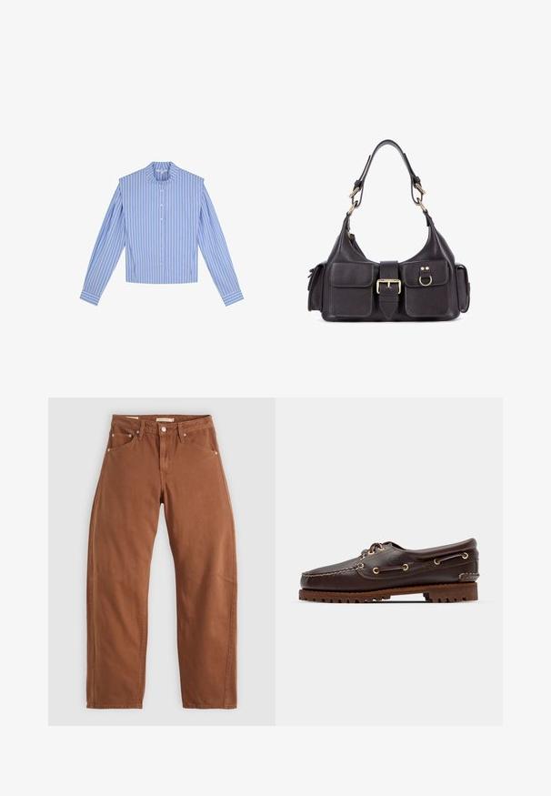Niebieska i biała w paski koszula z długim rękawem, o zaokrąglonym kołnierzyku, zapinana na guziki z przodu, z wyraźnie zarysowanymi ramionami.; Rude brązowe dżinsy o prostym kroju z kieszeniami z przodu i z tyłu, metalowymi nitami, zapięciem na guzik i pętlami na pasek, leżące płasko na białym tle.; Brązowe skórzane buty w stylu boat shoe z złotymi oczkami, okrągłymi sznurowadłami oraz teksturowaną brązową gumową podeszwą. Zawierają przeszycia i wypukłe logo.; Czarna skórzana torebka z dwoma przednimi kieszeniami, centralną klamrą i złotymi detalami. Gładka faktura z zaokrąglonym kształtem.