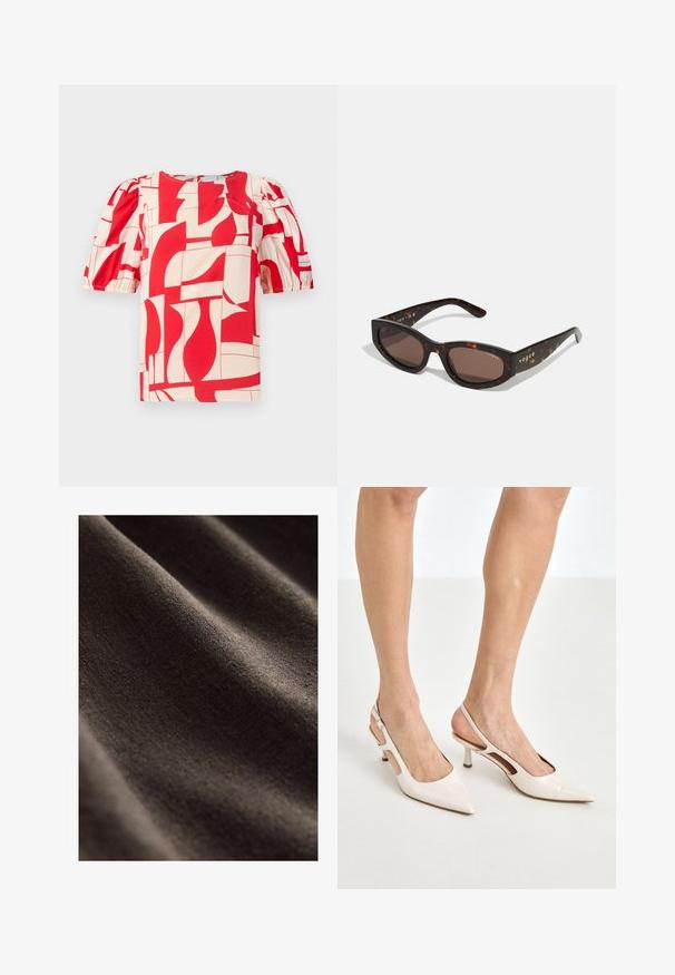 Blusa corta a maniche corte rossa e crema con audace stampa geometrica. Presenta maniche a sbuffo e scollo rotondo, realizzata in un tessuto morbido.; Tessuto marrone scuro con una superficie liscia e testurizzata, caratterizzato da leggere pieghe e un aspetto opaco e morbido. Ideale per varie applicazioni tessili.; Tacchi slingback in pelle lucida beige con punta affusolata e tacco di 5 cm, caratterizzati da lati traforati e una sottile fascia alla caviglia.; Occhiali da sole tartarugati marroni con forma rettangolare, lenti marroni scure e brandizzazione "vogue" in oro sulle aste.; Borsa plissettata gialla in morbida pelle ecologica, con una forma morbida, una sola tracolla e un design superiore arricciato.