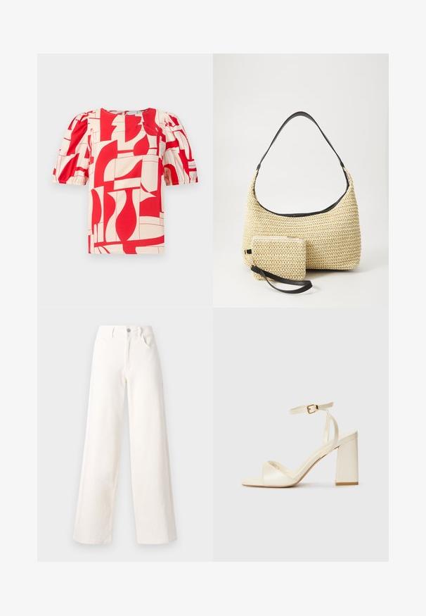 Bluză scurtă cu mânecă, roșie și crem, cu un imprimeu geometric îndrăzneț. Prezintă mâneci bufante și decolteu rotund, realizată dintr-un material moale.; Jeans cu picior larg din denim alb murdar, cu închidere frontală cu un buton, două buzunare laterale și linii clare, fără embellishments.; Sandale cu toc de culoare crem, cu vârful deschis, toc bloc gros, curea subțire la gleznă și un finisaj cu o ușoară strălucire. Accent cu cataramă pe curea.; Geantă din paie țesută, cu o siluetă curbată, având o curea din piele neagră netedă și un plic mic asortat, atașat printr-un breloc pentru încheietură.
