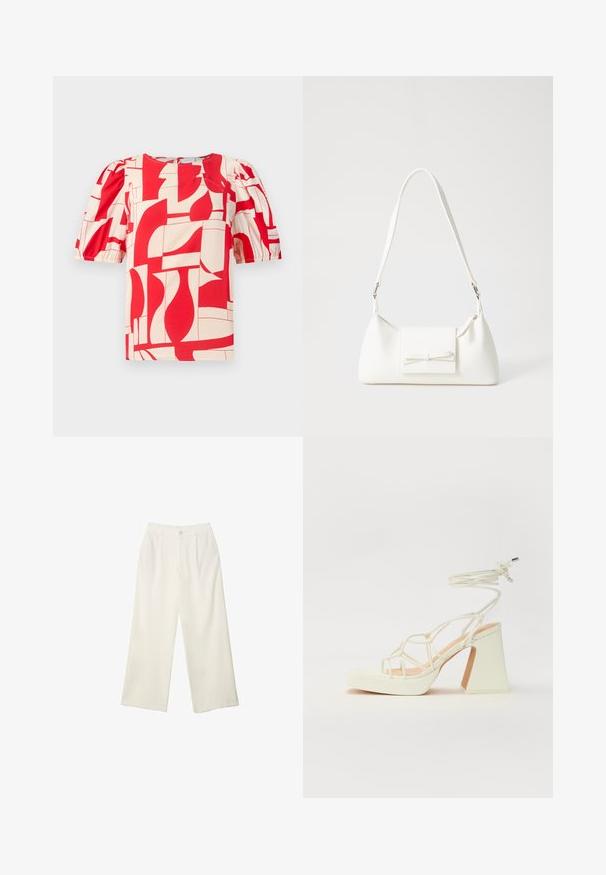Red and cream short-sleeve blouse with bold geometric print. Features puff sleeves and round neckline, made from a soft fabric.; Wide-leg trousers in cream fabric with a smooth texture, featuring a single front button, subtle pleats, and a high waist design.; White high-heeled sandal with a chunky heel, featuring a strappy design and ankle tie. Smooth texture with a platform front for added height.; White synthetic handbag with a triangular shape, flat front flap and bow detail, adjustable strap, smooth texture, and minimalistic design.