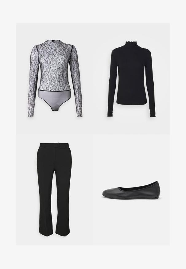 Μαύρο κορμάκι με μακριά μανίκια σε διάφανο δαντέλα με λουλουδάτα μοτίβα. Διαθέτει ψηλό λαιμό και αντίθετη μαύρη επένδυση στις άκρες και το στρίφωμα.; Μαύρο τοπ με μακριά μανίκια και λαιμόκοψη τύπου τσουνάμι, κατασκευασμένο από λείο ύφασμα, με λαιμό από βολάν και εφαρμοστή σιλουέτα με απλές ακμές.; Μαύρο τακτοποιημένο παντελόνι με ευθεία γραμμή, που διαθέτει θηλάκια ζώνης και πλαϊνές τσέπες. Κατασκευασμένο από λείο ύφασμα με καθαρή φινίρισμα.; Μαύρο δερμάτινο μπαλαρίνι με στρογγυλή μύτη, λεία υφή, ελάχιστες λεπτομέρειες ραφής και σχεδίαση ευέλικτης σόλας.