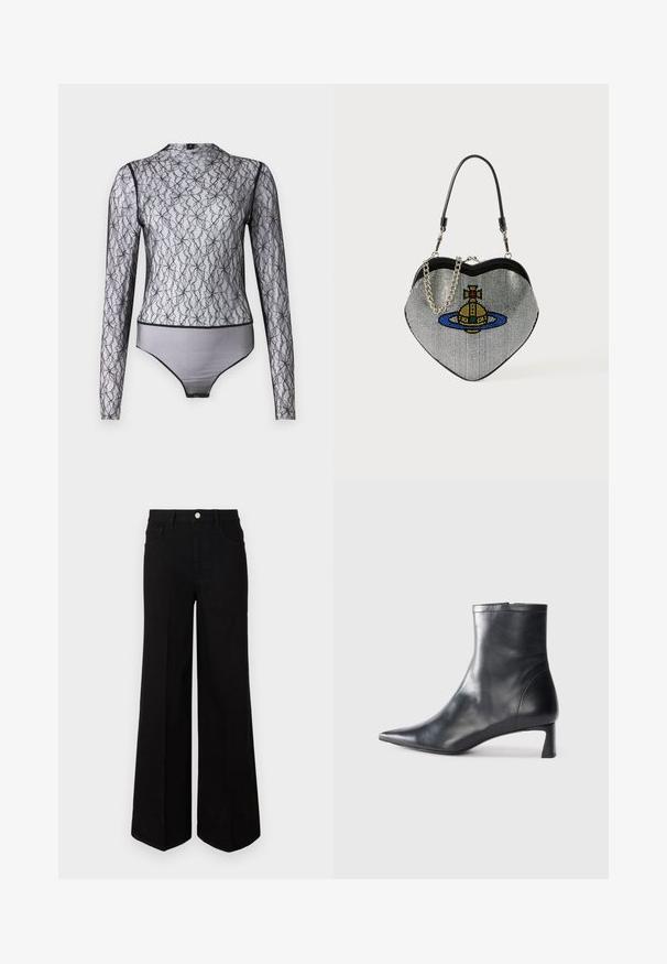 Juodas ilgomis rankovėmis bodis iš permatomo nėrinių su gėlių raštais. Yra aukštas apykaklė ir kontrastingas juodas apdailos bei krašto dekoras.; Juodi plačiakojai džinsai, pagaminti iš tvirto audinio, su aukštu juosmeniu, priekinėmis kišenėmis ir priekiniais mygtukais. Lygus hem pastatytoje apačioje.; Juodas odinis kulkšninis batas su smailiu pirštu ir elegantišku dizainu. Turi žemą kulną ir užtrauktuką gale. Lygi tekstūra.; Širdies formos tinklinė rankinė su metaliniu blizgiu, kurioje vaizduojamas katės ir planetos dizainas mėlyna, geltona ir raudona spalvomis. Įskaičiuota grandinėlė.