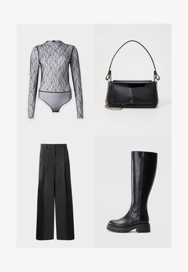 Svart långärmad bodysuit i genomskinlig spets med blommönster. Har hög krage och kontrasterande svart kant vid kanter och fåll.; Svarta byxor med vida ben och hög midja, med framveck, en slät textur och en skräddarsydd finish. Designade för en avslappnad passform.; Svarta knälånga stövlar i slätt läder, med rundad tå och en kraftig gummisula med mönster för bra grepp.; Svart lackläderhandväska med rektangulär form, kedjestropp och en distinkt hårdvaruaccent i mitten. Slät textur.