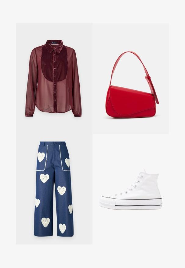 Camisa bordô com um painel frontal de veludo e mangas longas transparentes. Apresenta um colarinho, fecho de botão e textura suave.; Camisa curta vermelha com Mickey e Minnie Mouse vestidos de Pai Natal, Minnie a beijar Mickey na bochecha com um fundo de flocos de neve.; Sister Jane HEART TO HEART - Calças de ganga de perna direita - blue denim; Sapatilha alta de tela branca com sola de borracha preta, bico de borracha na frente e seis ilhós para os atacadores, apresentando um design limpo e minimalista.; Bolsa de mão em couro vermelho com um design angular e geométrico. Apresenta uma única alça ajustável e um fecho com aba, com detalhes cosidos.