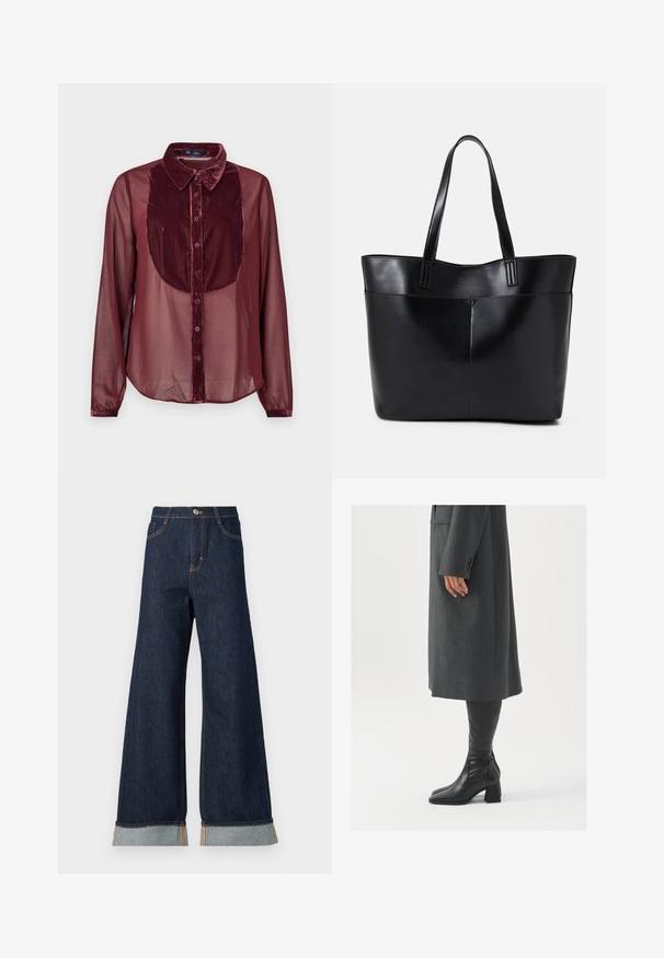 Camisa bordô com um painel frontal de veludo e mangas longas transparentes. Apresenta um colarinho, fecho de botão e textura suave.; Jeans de ganga escura de perna larga com costura laranja, apresentando uma cintura alta, dois bolsos frontais e punhos dobrados que mostram um tecido de contraste azul claro.; Casaco cinza, ajustado, com corte reto; combinado com botas de couro pretas até ao joelho, com biqueira quadrada e salto grosso.; Bolsa tote preta em couro com duas alças longas, textura suave e forma estruturada. Apresenta um bolso frontal para armazenamento adicional.