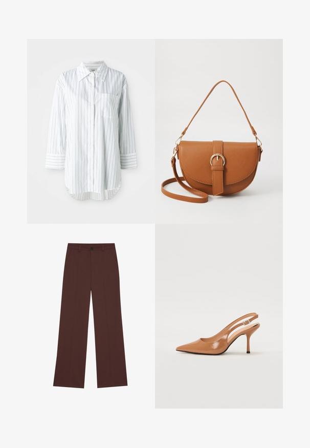 Witte overhemd met lange mouwen, knopenlijst en dunne zwarte verticale strepen, een borstzak aan de linkerkant en een puntige kraag.; Wijde broekspijp in een rijke bruine stof. Voorzien van een knoopsluiting, twee voorzakken, een soepele textuur en strakke lijnen.; Puntige slingback hak in een glad, glanzend beige materiaal. Bevat een gebogen uitsnijdontwerp en een slanke stiletto hak. Zilveren gesp detail.; Bruine leren schoudertas met een gebogen vorm, gouden hardware en een gespaccent. Bevat een afneembare schouderriem.