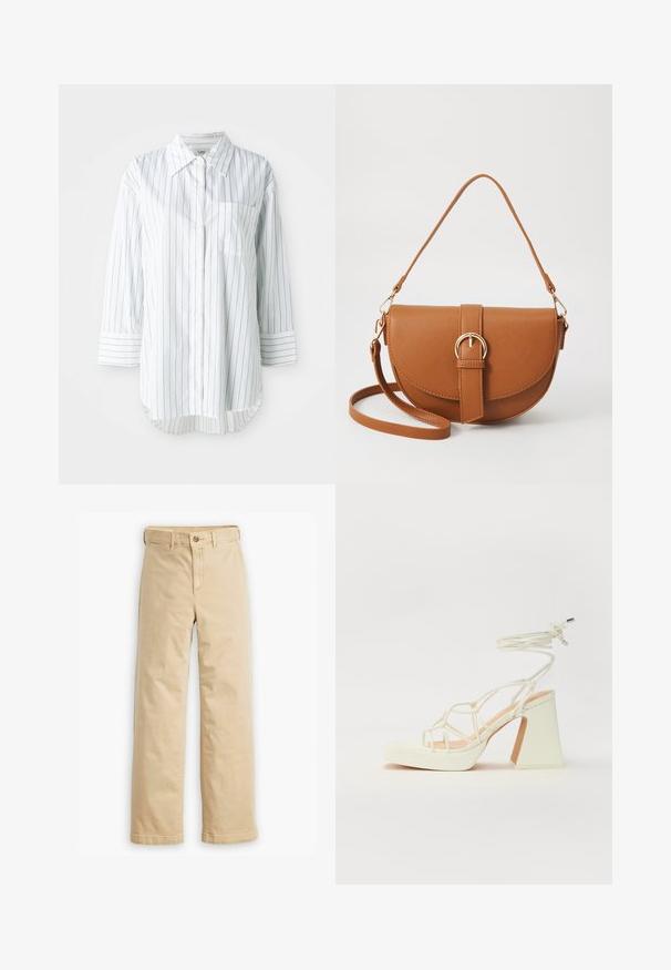 Weißes Langarm-Hemd mit Knopfleiste und dünnen schwarzen vertikalen Streifen, einer Brusttasche auf der linken Seite und einem spitzen Kragen.; Beige Hosen mit geradem Bein aus einem Baumwollgemisch, ausgestattet mit einem Knopfverschluss und Standardtaschen vorne und hinten.; Weiße High-Heel-Sandale mit einem klobigen Absatz, die über ein Riemchendesign und ein Knöchelband verfügt. Glatte Textur mit einer Plattform vorne für zusätzliche Höhe.; Braune Leder-Crossbody-Tasche mit geschwungener Form, goldfarbenen Beschlägen und einer Schnallenakzentuierung. Verfügt über einen abnehmbaren Schultergurt.