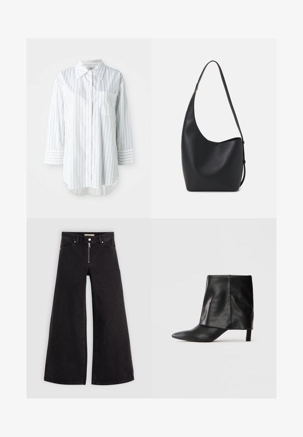 Bela srajca z dolgimi rokavi in gumbi z tankimi črnimi navpičnimi črtami, z žepom na levi strani prsi in s koničastim ovratnikom.; Široke traperice iz črnega denima z zadrgo spredaj, petimi žepi in diskretnimi šivi. Gladka tekstura in ležeren slog.; Črne usnjene škornje do meč z ostrem nosom, zloženo zgornje dela in vitkim nizkim peto, ki stojijo na beli podlagi.; Črna usnjena hobo torba z gladko teksturo, ukrivljeno obliko in eno nastavljivo naramnico; ima širok odprtina na vrhu.