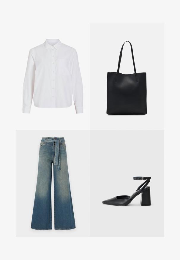 Vit långärmad skjorta med knappar framtill, klassisk krage, enkel bröstficka, tillverkad av mjukt, lätt tyg med en avslappnad passform.; Breda denimbyxor med en ljus till mörkblå gradient, hög midja, bälteshällor och ett matchande tygbälte. Texturerad denimfinish.; Svart läderpumps med spetsig tå, ankelrem och kraftig klack. Slät textur, stilren design och minimalistisk estetik.; Svart lädertoffelväska med slät textur, rektangulär form och två långa handtag. Ingen synlig hårdvara eller dekorationer.