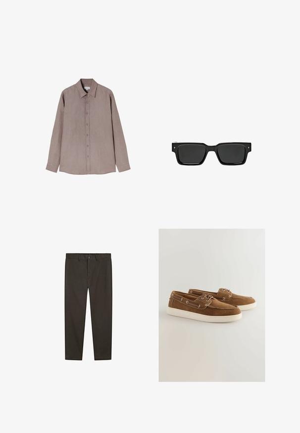 Košile s dlouhým rukávem v tlumené hnědé barvě, vyrobená z texturované tkaniny. Má límeček a zapínání na knoflíky s šedými knoflíky.; Tmavě hněvé kalhoty vyrobené z hladké látky. Mají zapínání na knoflík, poutka na opasek a dvě boční kapsy. Design rovného střihu.; Hnědé semišové boty s bílou gumovou podrážkou, šněrovací design, kovové očka a kontrastní prošívání podél okrajů.; Černé obdélníkové sluneční brýle s tmavými skly, lesklým plastovým rámem a malými podpisovými prvky na spáncích. Plný profil a ostré rohy.