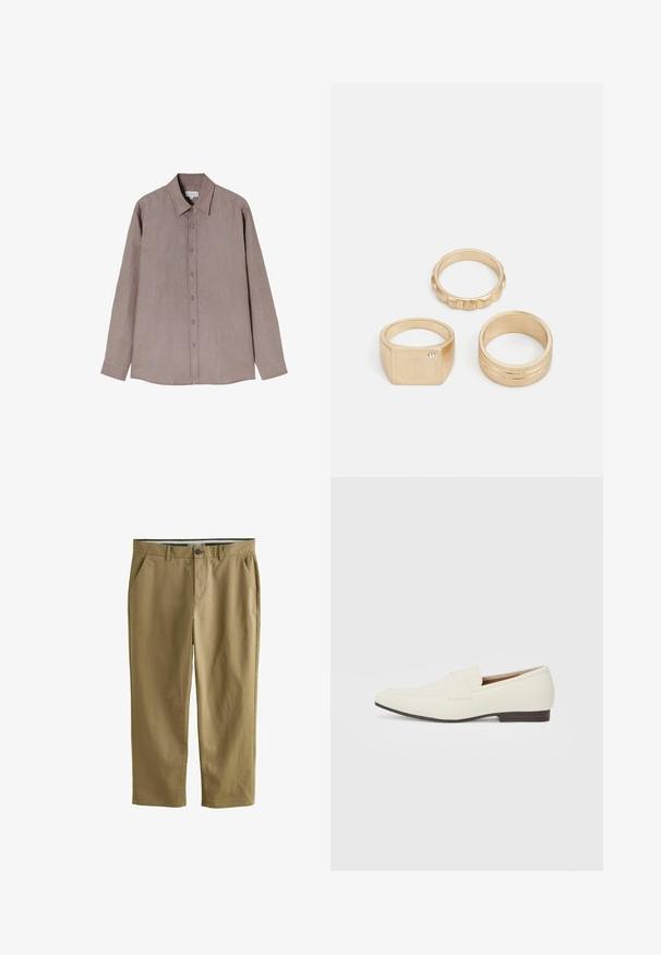 Pikend käised särk tuhmise pruunis toonis, valmistatud tekstureeritud kangast. Omab kraega kaelust ja hallide nuppudega nuppe.; Khaki chinos, mis on valmistatud puuvillasegistusest, sisaldavad kahte külgtaskut, nööbikinnitust, sirgeid jalgu ja sujuvat tekstuuri.; Heledadbeez loafers, millelise lõpp, sile materjal, rihm üle vampi ja madal pruun talla. Lihtne disain minimaalse aktsentidega.; Kolm kuldringi: ruudukujuline ring, millel on väike kivi, tekstuuriga rõngas, millel on sooned, ja sile poleeritud rõngas, millel on kaks soontega kraavi.