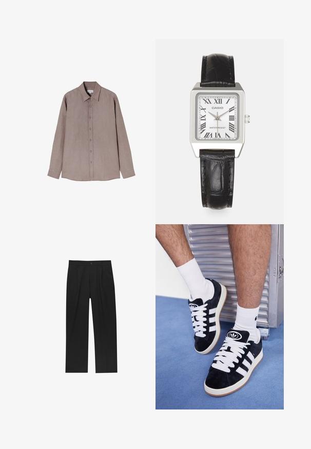 Dlhý rukáv košele v tlmenom hnedom odtieni, vyrobená z textúrovanej tkaniny. Obsahuje golier a zapínanie na gombíky vpredu so sivými gombíkmi.; Čierne nohavice s rovnými nohavicami, vyrobené z hladkej tkaniny. Majú predné puky a jediné gombíkové zapínanie v páse.; Čierne semišové tenisky s bielymi šnúrkami a tromi bielymi pruhmi. Obsahujú kruhové čierne logo na jazyku a gumovú podrážku.; Strieborné štvorcové hodinky s bielym ciferníkom, čiernymi rímskymi číslicami a textom "WATER RESIST". Čierny kožený remienok s textúrovaným povrchom.
