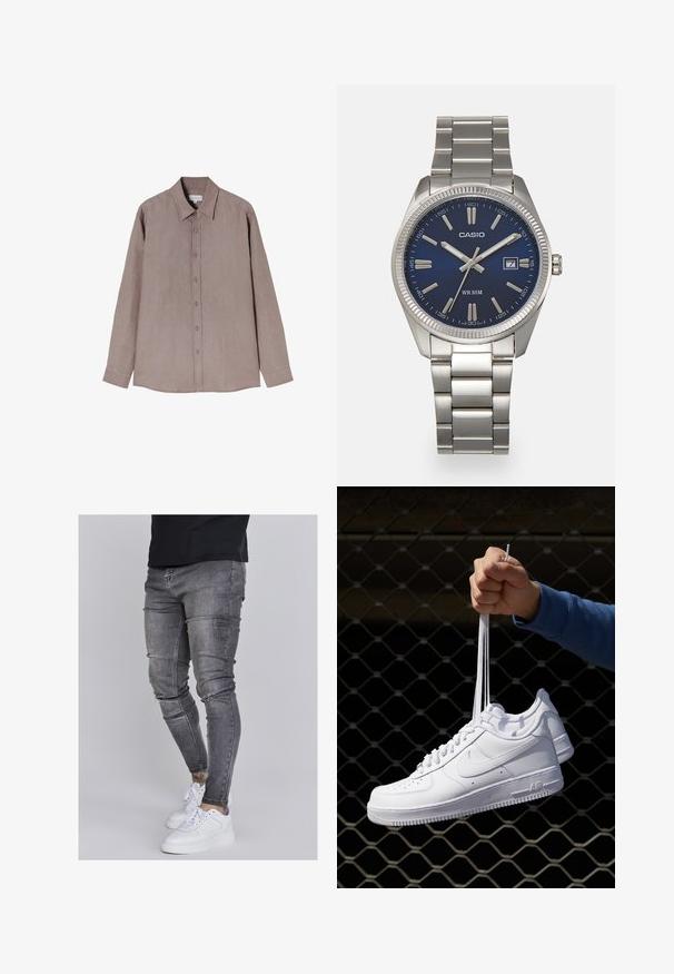 Cămașă cu mânecă lungă într-o nuanță maro desaturată, realizată dintr-un țesătură texturată. Prezintă un guler și un închidere cu nasturi în față, cu nasturi gri.; Blugi skinny din denim gri estompat, cu detalii uzate la genunchi, asortați cu adidași albi. Textură netedă, design slim fit.; Adidași albaștri din piele cu perforații, vârf rotund, talpă plată și șireturi groase, cu un logo swoosh vizibil și cu inscripția "AIR" pe toc.; Ceas de mână din oțel inoxidabil argintiu cu un cadran albastru marin, marcaje orare metalice și o fereastră pentru dată la ora 3. Rezistent la apă până la 50 de metri.