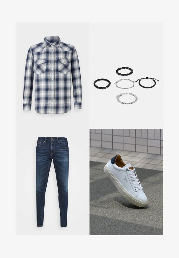 Pikendavad varrukad ja lappidega särk, millel on sinine ja valge ruuduline muster, kaks rinna taskut ja nuppe sulgev esiosa hõbedase kujunduselemendiga.; Tumedat sinised teksad kitsas lõikes, kerge kulumisega, viie taskuga ja metallnööbiga sulgemine. Õmmeldud aktsendid kontrastsetes värvides.; Valge nahast tennis, millel on tumesinine konts, ümmargune nina ja kontrastsed pruuni aktsendid. Omab lamepaelti ja tekstureeritud kummist tallat.; Viis käevõru: kaks musta helmekäevõru, üks tekstuuriga must nööri, üks hõbedane ketike ja üks punutud must nöör, millel on reguleeritav sulgur.