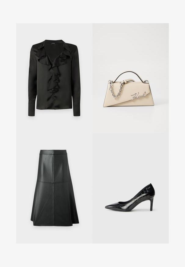 JOOP! Camicia - black; Gonna nera in pelle a forma A, texture liscia, lunghezza a metà polpaccio, presenta dettagli di cucitura orizzontale in vita e nelle cuciture per un maggiore supporto.; Décolleté nere con punta affusolata, finitura lucida e un sottile motivo testurizzato. Presentano un tacco moderato e un design con apertura sulla parte superiore.; Borsa a mano in pelle beige con una forma triangolare strutturata, dotata di un manico in catena argentata e di un logo in metallo scritto in corsivo.