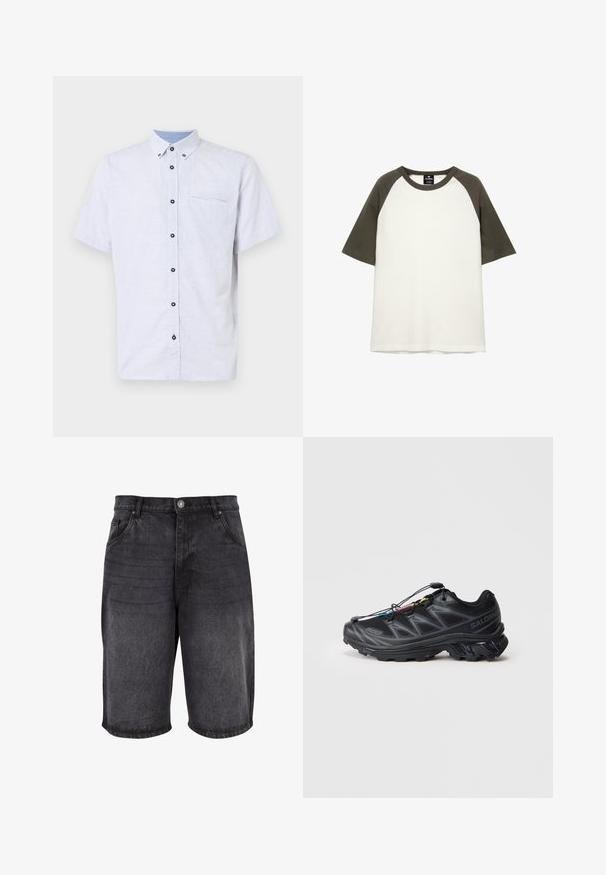 Kratka majica s kragnom s kratkim rukavima v bež barvi z mornarsko modrim geometrijskim vzorcem, kontrastno ovratnik in ena prsna žep s črnimi gumbi.; T-maica s kratkimi rokavi iz bombaža, bela z dark green raglan rokavi in okroglim ovratnikom.; Črne denim kratke hlače z udobnim krojem, petimi žepi in gumbom za zapiranje. Tkanina ima gladko teksturo z rahlim bledenjem.; Črne športne čevlje z teksturirano mrežasto zgornjim delom, ojačanim prstom in sistemom hitrega vezanja. Imajo trden podplat in rahlo dvignjen peti.