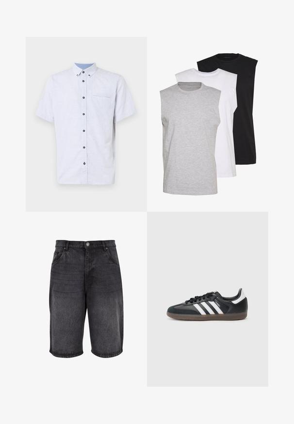 Korte mouwen overhemd in het wit met een marineblauw geometrisch patroon, contrasterende kraag en een enkele borstzak met zwarte knopen.; Drie mouwloze T-shirts in grijs, wit en zwart. Zacht katoenmateriaal met een ronde hals en een relaxte pasvorm. Eenvoudig ontwerp, geen patronen.; Zwarte denim short met een relaxte pasvorm, vijf zakken en een knoopsluiting. De stof heeft een zachte textuur met subtiele vervaging.; Zwarte synthetische sneaker met een witte drie-strepen ontwerp, een textuur grip zool en zwarte veters. Lage sportieve stijl.