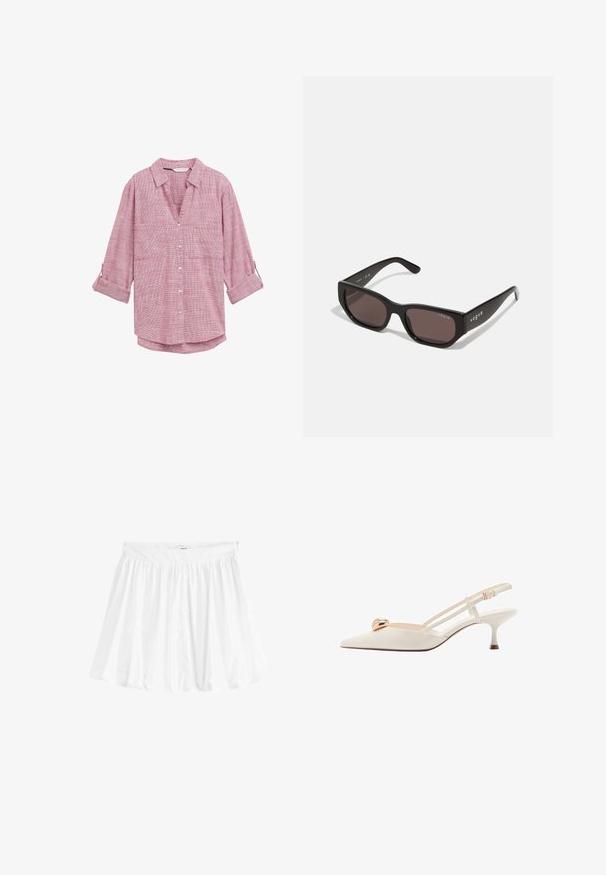 Red and white checked button-up shirt with long sleeves, featuring a V-neck and two front pockets, made of lightweight fabric.; White, flared skirt made of lightweight fabric with an elastic waistband. Features a gathered design for volume and fluidity.; Cream-colored slingback shoe with a pointed toe, thin straps, and a gold accent on the vamp. Features a low, narrow heel.; Black rectangular sunglasses with dark lenses. Features a smooth plastic frame and logo detail on the temple. Clean, modern design.; Gray textured handbag featuring a padded handle, mesh accents, adjustable strap, and a front clasp. Compact design with a rounded shape.; Singularu DROP - Earrings - gold-coloured