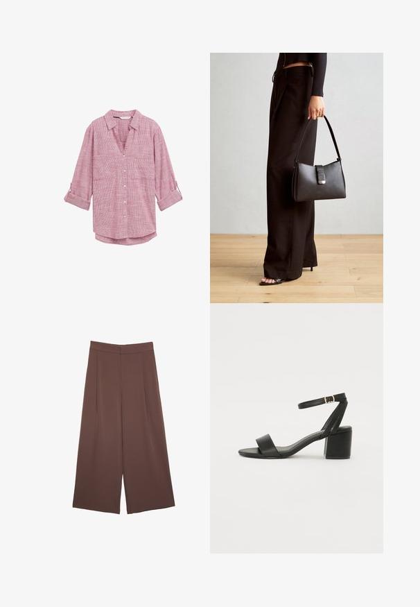 Röd- och vitrutigt knäppt skjorta med lång ärm, med v-ringning och två framfickor, tillverkad av lättviktsmaterial.; Bruna vida byxor med en slät textur, som har hög midja och framfickor. Tyget är lätt och flödar löst.; Svart klacksandals med en slät läderöverdel, öppen tå, breda framremmar och justerbart ankelband med en guldfärgad spänne.; Svart handväska med strukturerad form, slät yta och metallspänne. Matchad med vida svarta byxor och sandaler med öppen tå på trägolv.