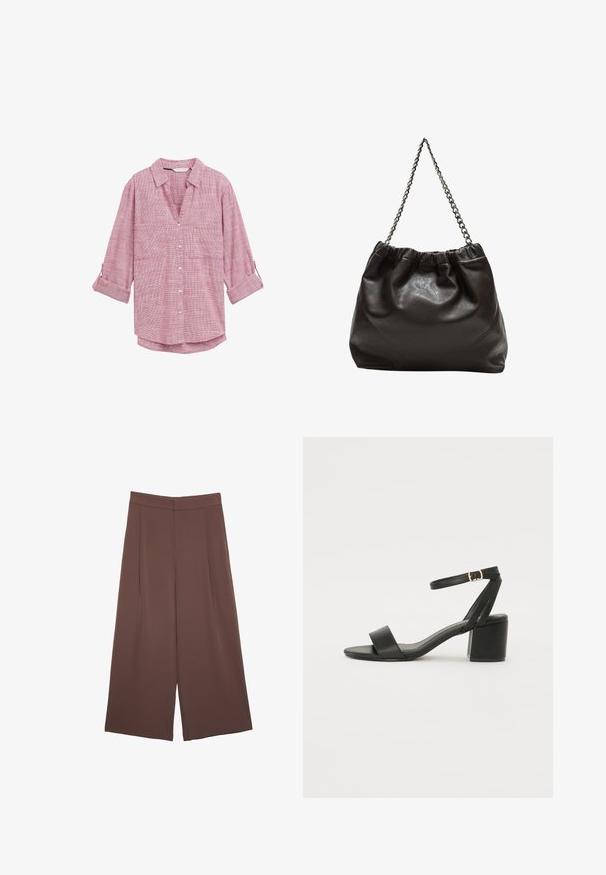 Rdeče in bele kvadratne karirane srajce z dolgimi rokavi, z V-izrezom in dvema sprednjima žepoma, izdelane iz lahkega materiala.; Rjave široke hlače z gladko teksturo, ki imajo visok pas in sprednje naborke. Tkanina je lahka in prosto pada.; Črne sandale na peto z gladkim usnjenim zgornjim delom, odprtim nosom, širokimi sprednjimi trakovi in nastavljivim gležnjenčkom z zlatim zaponko.; Rjava usnjena torba z nabranim vrhom in verižnim trakom. Gladka tekstura z sijajno površino in subtilnimi šivi na straneh.
